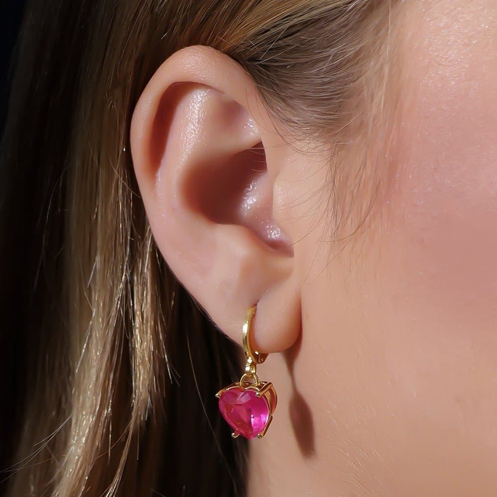Brinco Dourado Argolinha Pedra de Coração Rosa, imagem 2